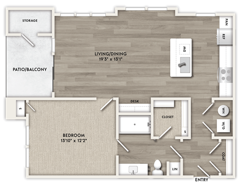 Floor plan for 1 bed, 1 bath, 890 sqft